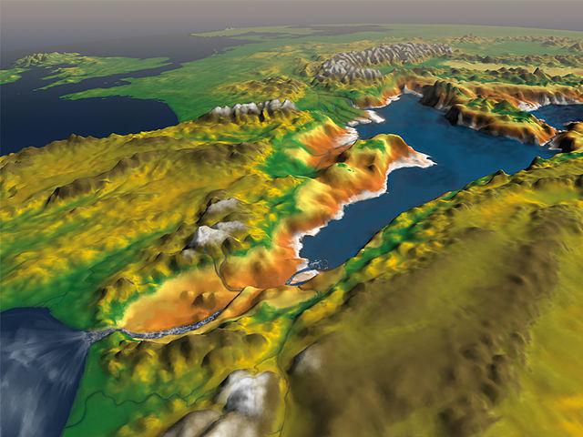 Reconstrucción paleogeográfica del descenso del nivel del mar durante la crisis de salinidad mediterránea Masiliense, 5-6 Ma